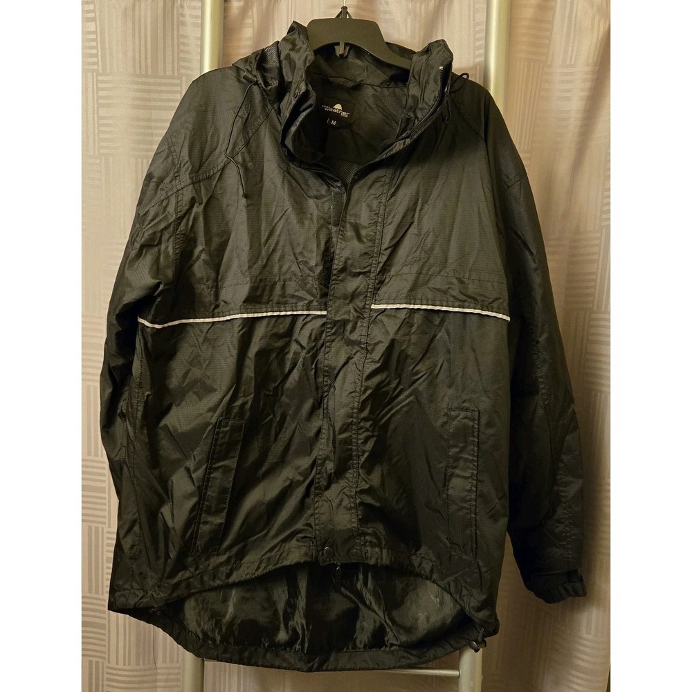 The Weather Co Mens Black Hooded Full Zip Windbreaker Jacket Raincoat Reflective
